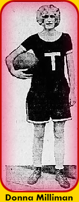 Image of girls basketball player for Michigan's Tekonsha High School. Standing in uniform with large T on the front, basketball he;d up by her chest. From The Battle Creek Enquirer and The Evening News, Battle Creek, Mich., March 25, 1928.