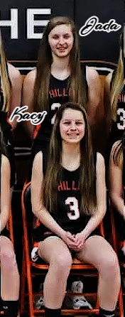 Image cropped from 2022 team photo, of the Eggebrecht basketball playing sisters of the Phillips High School team in Wisconsin. Sitting is younger sister Kacy, number 3, behind her, standing, is older sister Jada., #24, both in black uniforms.