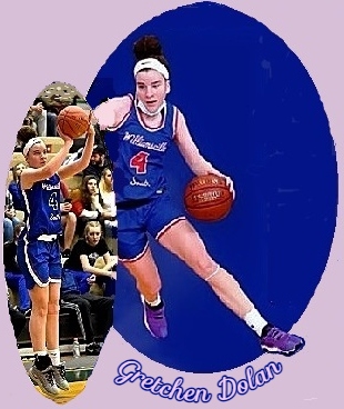 Images of #4, in blue jersey, Gretchen Dolan, Williamsville South HighSchool, New York, shooting a jumper, jumping vertically, and driving to the basket.