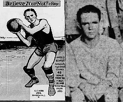 Ripley's Believe It or Not shows Harold Schmidt and mentions his 48 field goals in a 1920 game, score 234 to 2. From the Des Moines Sunday Register, Des Moines, Iowa, August 15, 1943. Also, cropped from team photo, seated, is Harold Schmidt, from The Courier Journal, Louisville, Kentucky, April 12, 1923, following his Kansas City High School (Missouri) winning the national interscholastic championship.