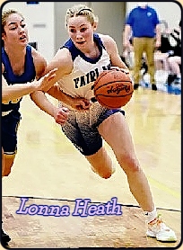 Image of girls basketball player from Ohio, Lonna Heath, Fairlawn High School, shown driving with ball, defened by Ashley Scott of Russia High. From the Sidney Daily News, January 5, 2021.