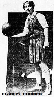 Image of girls basketball player Frances Hullihen, Wilmington Friends School (Delaware) shown about to make a pass, in her uniform, pleated skirt to knees, white leggings, sleeves to her elbows. From the Every Evening newspaper, Wilmington, Del., December 16, 1927.