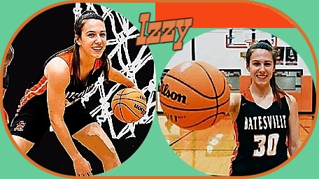 Images of Batesville (Arkansas) High School girls basketball player, Isabella (Izzy) Higginbottom, number 30, in dark uniform, with basketball in both pictures.