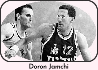 Image of Doron Jamchi, playing for the Maccabi team of Tel Aviv#12, looking to drive around the defender.