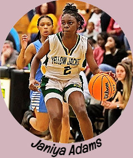 Janiya Adams, on the Bessemer City High girls basketball team; here seen maeuvering down the court in whie YELLOW JACKS uniform, #2.