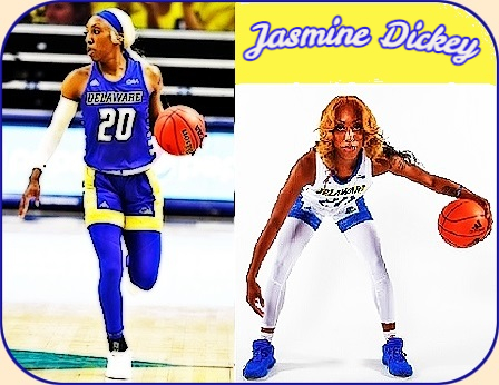 Two images of Jasmine Dickey, basketball player fot the University of Delaware. In ble uniform with white lettering and yellow trim, with yellow hair, dribbling the ball and also shown posed in bkue on white uniform. Number 20.