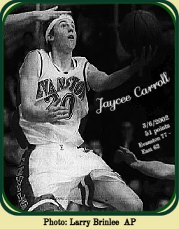 Picture of Jaycee Carroll, Evanston High School (Wyoming) basketball player, #20, shown trying a backwards underhand shot at the basket. Phot by Larry Brinlee  AP, in the Caspar Star-Tribune, Caspar, Wyo., March 7, 2002, showing JAycee in his 3/6/2002 51 point game..