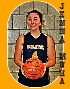 Jenna Muha, Shade High School (Pennsykvania) basketball player, posing in black uniform sith yellow lettering and highlights, holding basketball in front of her..