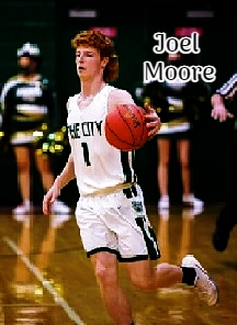 From the Tyler Star News, we see #1, Joel Moore, Paden City High School Wildcat basketball player, dribbling upcourt.