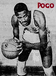 Imaage of men's basketball player for the Millersville Teachers College team, shown crouching over with basketball. From the Daily Intelligencer Journal, Lancaster, Pennsylvania, December 14, 1956.