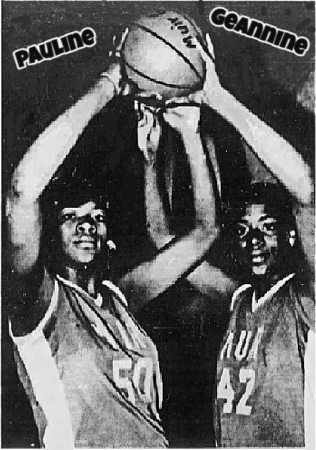 Image from the Los Angeles Times, Feb. 9, 1984, showing twin sisters, Pauline (#50) and Geannine (#42), the Jordan twins, holding a basketball, together, over their head. Photographer: Lou Mack.