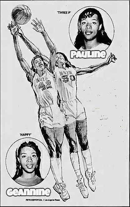 Images from the Los Angeles Times, 12/26/1985, showing a sketch of the Jordan twins, Pasadena Muir High School (California) girls basketball players, leaping, 42 eannine Jordan and #50, Pauline Jordan; as well as portrait shots of Pauline (Three P) and Geanninwe (nickname: Happy). By Pete Bentovoja.