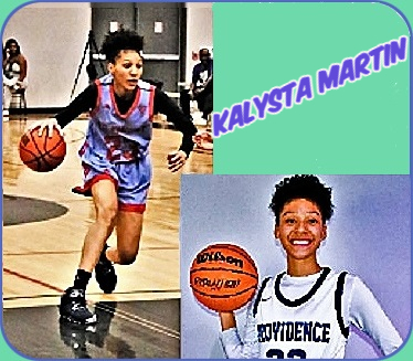 Images of Kalysta Martin, Providence Catholic High (San Antonio, Texas). Shown in blue #23 uniform in action dribbling the ball and holding basketball with right ahnd in portrait in white jersey.