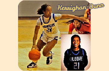 Images of Kerrighan Dunn, women's basketball player for the Kilgore Junior College  Lady Rangers. #21 in a gray RANGERS jersey, driving up court and posing in a dark KILGORE uniform. for the