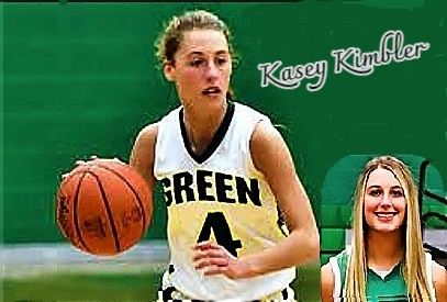 Kasey Kimbrel, of Green High Scool in Franklin Furnace, Ohio, brigs ball upcourt in her $4 white GREEN jersey. Also a portrait in green uniform.
