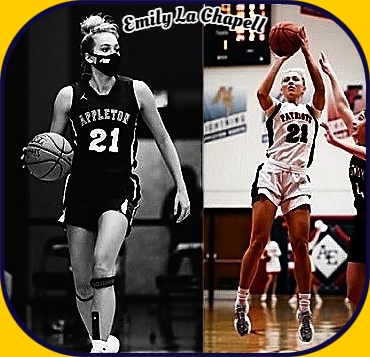 Images of Emily La Chapell, Appleton East High School girls basketball player in Wisconsin. Dribbling upcourt in dark uniform, #21, with mask on, and up in the air, in wehte PETRIOTS unirormm, shooting a jump shot.