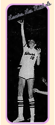 Picture of Tennessee girls basketball player Laura Lee Nichols, Munford High school Kittens, #10, at top of shooting a one hand layup. From The Jackson Sun, Jackson, Tenn., Februry 18, 1968.