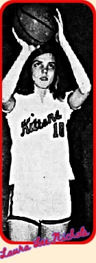 Image of Laura Lee Nichols, girls basketball player on the Munford High School Kittens team (Tennessee), posing shooting an overhead set shot in her number 10 Kittens uniform. From The Commercial Appeal, Memphis, Tennessee, May 20, 1968.