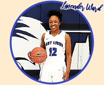 Image of women's basketball player, 2021-22, Lavender Ward, North County Community College basketball team, in LADY LIONS uniform number 12, standing, holding basketball on hip.