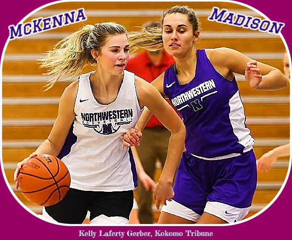 Image of sister basketball playesrs on the Northwestern High School (Indiana) team practicing by playing against each other. McKenna Layde, six foot, 2 inch freshman, in white, with ball, guarded by Madison Layden, six-fooot, one inch senior, in lue. Photo by Kelly Laferty Gerber, Kokomo Tribune, February 2, 2020.