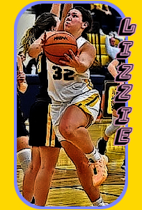 Lizzie Liedel, Erie Mason High School (Michigan) girls basketball player, going up for a lay-up in #32 uniform..