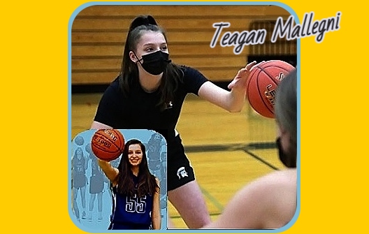 Wisconsin's Teagan Mallegni, McFarland High School's high scoring freshman girls basketball player (scored 62 points in one game) shown in blue #55 uniform holding a basketballl towards us with her right arm extended, and shown in a defense position..