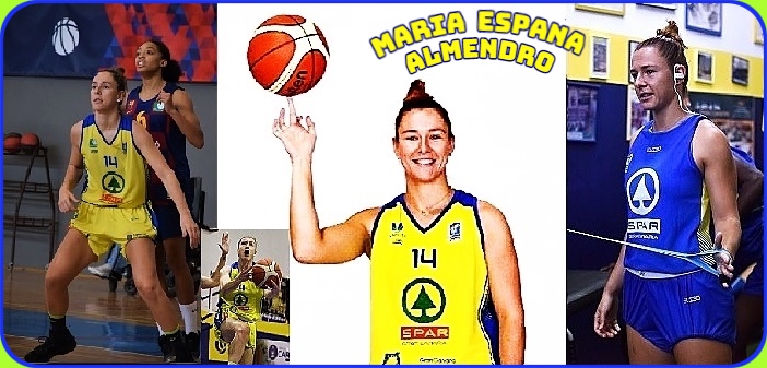 Images of Maria Espana Almendro, Spanish basketball player. Shown in yellow uniform playing for the Canary ISlands team in 2020-21, #14. Shown defending Julia Rueda in photograph by Toni Delgado. Also shown up in air, mouth open, making a layup, holding a basketball up with one finger, and in Snino ble uniform in training room.