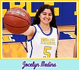 Picture of Jocelyn Medina, Pierce Highg School (Arbuckle, California), holding a basketball in right hand holding it towards camera, in yellow on white. number 5, uniform.