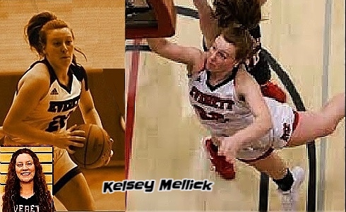 Images of Everett Community College women's basketball player, #22, Kelsey Mellick. A portrait; shown driving with basketball, and shown up by the basket laying in the ball.