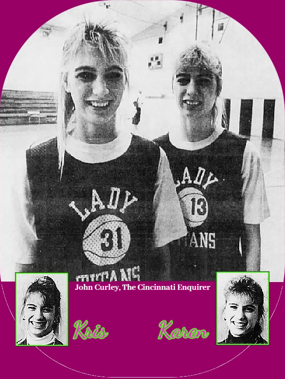 Images of identical twin sister girls basketball players from Ohio's St. Bernard High School Lady Titans. Kris Moeller, number 31 and Karen Moeller, number 13. Shown in portraits from The Cincinnati Enquirer, Jabuary 25, 1989 and shown in practice jerseys, LADY TITANS, same newspaper, January 10, 1989, photo by John Curley.