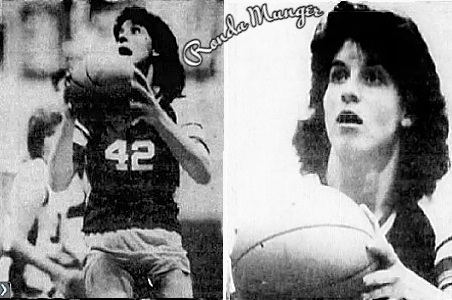 Two photos of Ronda Munger, #42, Wheatland High School (Wyoming), shown shooting a field goal and a foul shot. From the Caspar Star-Tribune, Caspar, Wyoming.