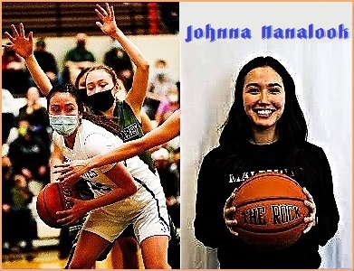 Two pictures of Johnna NanalookAlaskan basketball player for the Newhalen Malamute girls high school player.One, looking to initiate action, defended by Autumn Barr and Timary Stenek of Shishmaref High, in game action, photo by Loren Holmes/Anchorage Daily News. In the other image,she faces camera holding a basketball..