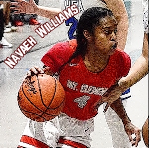 Picture of Nevaeh Williams, Michigan girls basketball player for Mt. Clemens High School; shown driving towards the basket in a red uniform with white shorts, number 4.