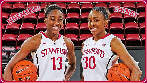 Image of sisters Nnemkadi (#13) and Chiney (#30) Ogwumike, Stanford basketball players. 2012. Posing, each holding a basketball.