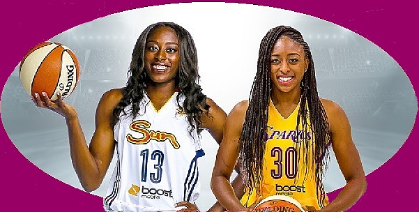 Image of two sisters on opposing WNBA teams, Nneka of the Los Angeles Sparks and Chiney of the Connecticut Sun. Chiney in her white #13 Sun uniform, Nneka in her yellow #30 Sparks jersey.