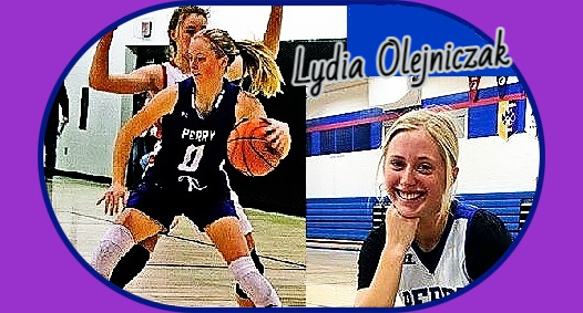 Images of Iowan girls basketball player, Lydia Olejniczak, Perry High School, game action in dark uniform, #0, trying to get around defender, and portrait with right hand supporting her smiling face.