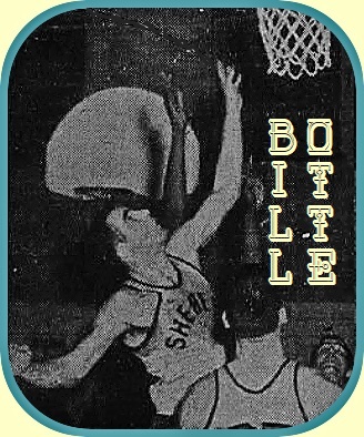 Image of Bill Otte, playing for the Paterson Shebas independent basketball team (semi-pro) Shown after shooting up at the basket as teammate Fred Barakat looks on. From The Sunday News, Ridgewood, N.J., March 28, 1965.