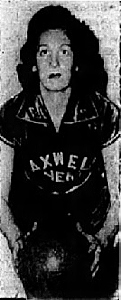 Picture of Pat Dunn, member of the 1945 Maxwell Field (Alabama) F;yers civilian women's basketball team, shown in uniform displaying a basketball. From The Montgomery Advertiser, Montgomery, Ala., February 11, 1945.