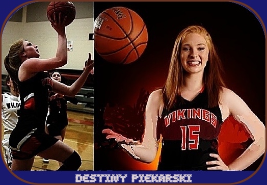 Images of Destiny Piekarski, basketball player on Littlefork-Big Falls High School in MinnesotaOn the left, game action as she is jumping up for a lay[up. in the other, she is posing in uniform #15, flipping the ball up in the air with her right hand.