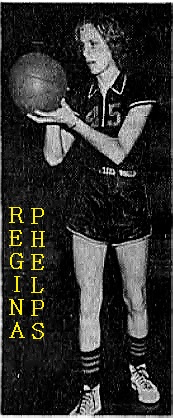 Image of Louisiana girl basketball player, Regina (Ragena) Phelps, Farmerville High School, shown holding ball in uniform number 45, about to shoot toawrds our left. From The Shreveport Times, Shreveport, Louisiana, January 30, 1966.