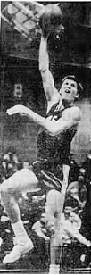Image of AAU basketball player Ray Carey, shooting a short hook shot for his Titus Manfacturing Iwa AAU team. From the Waterloo Daily Courier, February 17, 1969