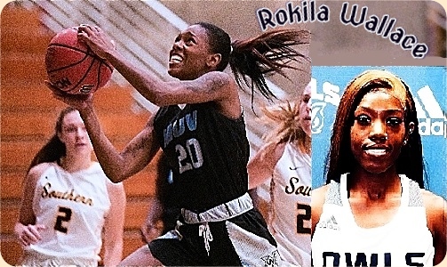 Images of woman's basketball player Rokila Walace, Mississippi University for Women. Shown going up for a shot in a dark blue #20 MUW uniform, and a portrait in a white OWLS jersey.