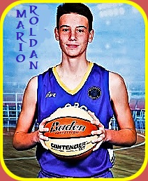 Mario Roldan, young boys basketball player, in Sapin, for the Alcoron  (Cadet)C basketball team in the Preferred 1st Division. In blue unifprm, holding a basketball in front.