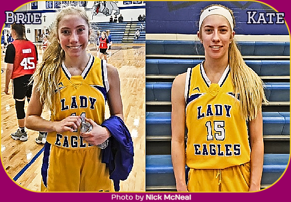 Image of the the Rubel twin sisters, Kate and Brie, in yellow LADY EAGLES jerseys, Brie #11, Kate #15.