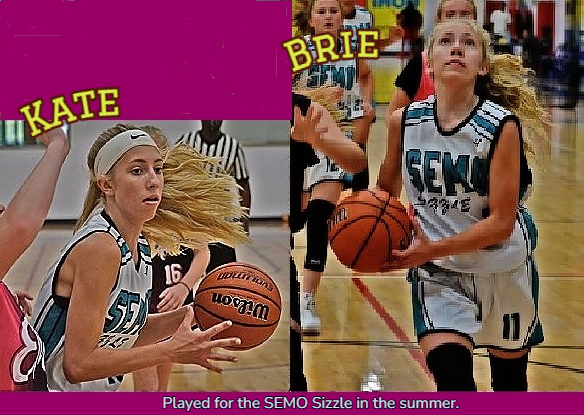 Image of the the Rubel twin sisters, Kate and Brie, in action shots from summer play with the SEMO Sizzle, Brie, #11, Kate #15.
