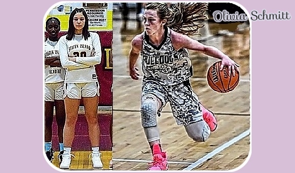 Images of Staten Island Academy's Olivia Schmitt, basketball player, number 30. Shown standong in white uniform with arms crossed and in gray camoflage uniform driving up court.