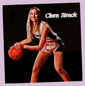 Picture of Clara Strack, Hamburg High Bulldog basketball player, posing and dribbling the ball..