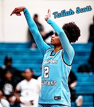 Image of Taliah Scott, St. Johns Country Day Hish SChool (Florida), in powder blue uniform, #2, shooting to our left.