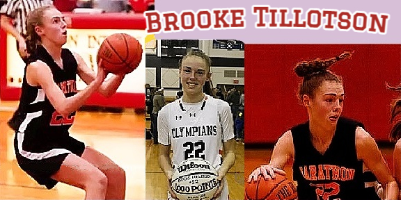 Images of Brooke Tillotson, girls basketball player fot the Marathon High School Olympians (New York). Shown in red on black uniform with wide white stripes down the sides, crouched about to shoot, in white uniform, holding basketball, posing, and dribbling the ball, about to make a play, pony-tail flying.