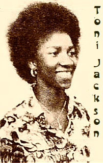 Image of Toni Jackson, in floral top, looking to our right. Girls basketball player for Fairley High (Memphis, Tennessee), from The Commercial Appeal, Memphis, Tenn., February 10, 1977.